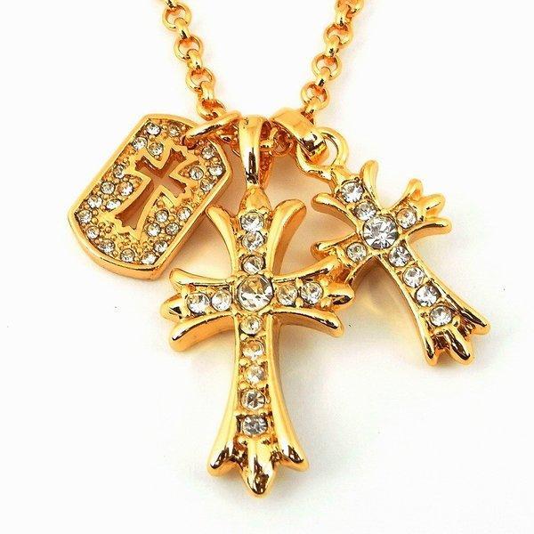 Vòng cổ Thương hiệu nam SBG 24K GP Gold Pave Double Cross x Cross Tấm Vòng cổ