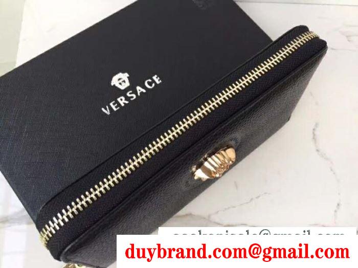 VERSACE ヴェルサーチ メンズ ジップ長財布 palazzo leather organizer 最新の注目されたコレクション ブラック 日常 コピー
