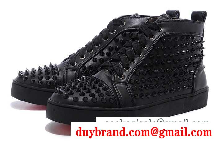 大好評ルブタンルイスフラットスパイクスハイカットレザースニーカーブラック louis spikes flat