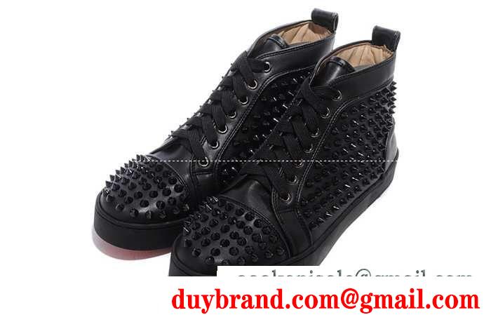 大好評ルブタンルイスフラットスパイクスハイカットレザースニーカーブラック louis spikes flat