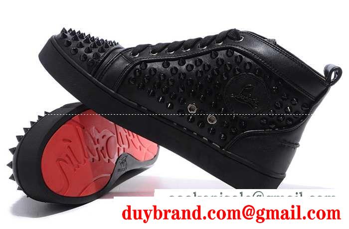 大好評ルブタンルイスフラットスパイクスハイカットレザースニーカーブラック louis spikes flat