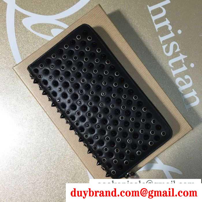 上質クリスチャン ルブタン 財布 コピーラウンドファスナースパイクスchristian louboutin ウォレットブラック