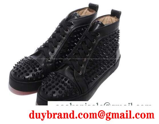 快適な履き心地ルブタンスニーカーコピールイスフラットスパイクスハイカットレザースニーカーブラック louis spikes flat