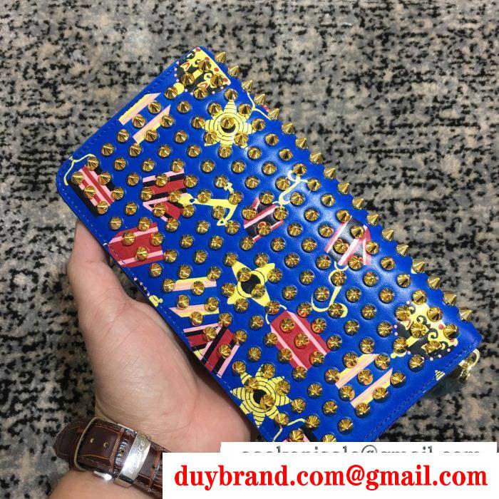 海外セレブ定番愛用Christian louboutinクリスチャンルブタン偽物男女兼用ブルーDa cao cấpスパイク長財布スラウンドファスナー