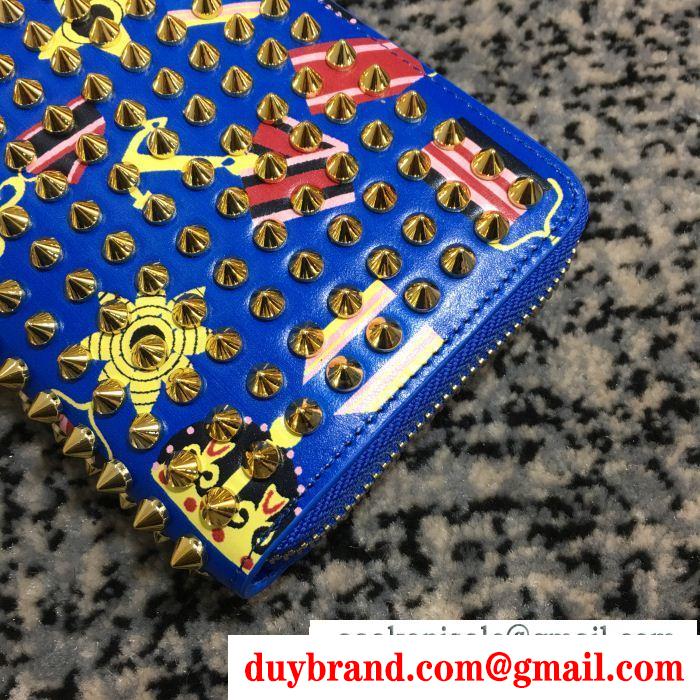 海外セレブ定番愛用Christian louboutinクリスチャンルブタン偽物男女兼用ブルーDa cao cấpスパイク長財布スラウンドファスナー