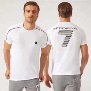 Người nổi tiếng ở nước ngoài cổ điển yêu thích Armani Armani Mail Order White thêu logo Cru Neck Business nam Sleeve T -shirt