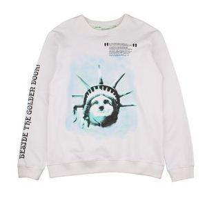Hoodie Off-White sản phẩm cực kỳ hiếm có màu trắng với một bản in giảm giá của người đàn ông da trắng parka
