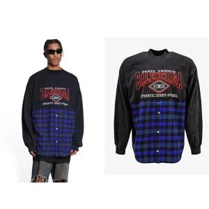 Áo thun dài tay Balenciaga siêu cấp UNISEX Patchwork Blue Sọc ca rô thêu Logo Balenciaga sản phẩm mới 2022 